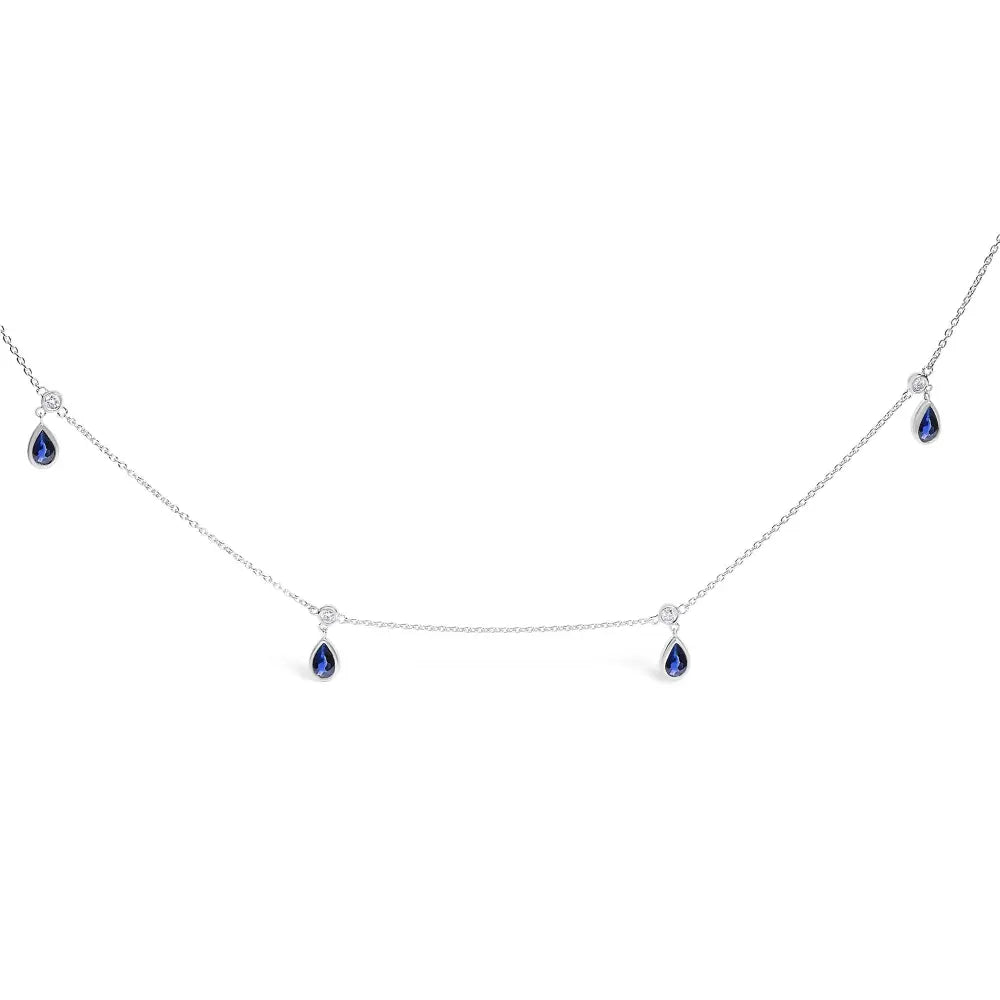 Pear blue sapphire and diamond station necklace in 10k white gold 18 bijoux-nyc direct