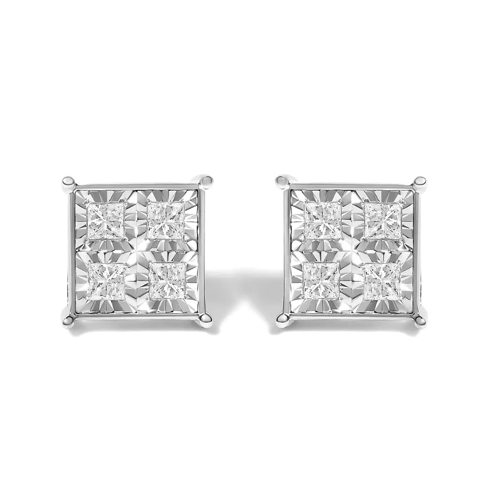 3/4 cttw princess cut diamond invisible stud earrings in 10k white gold bijoux-nyc direct