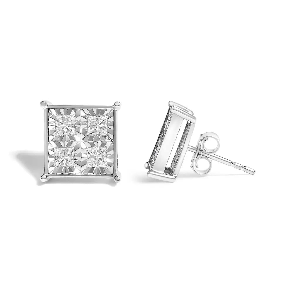 3/4 cttw princess cut diamond invisible stud earrings in 10k white gold bijoux-nyc direct
