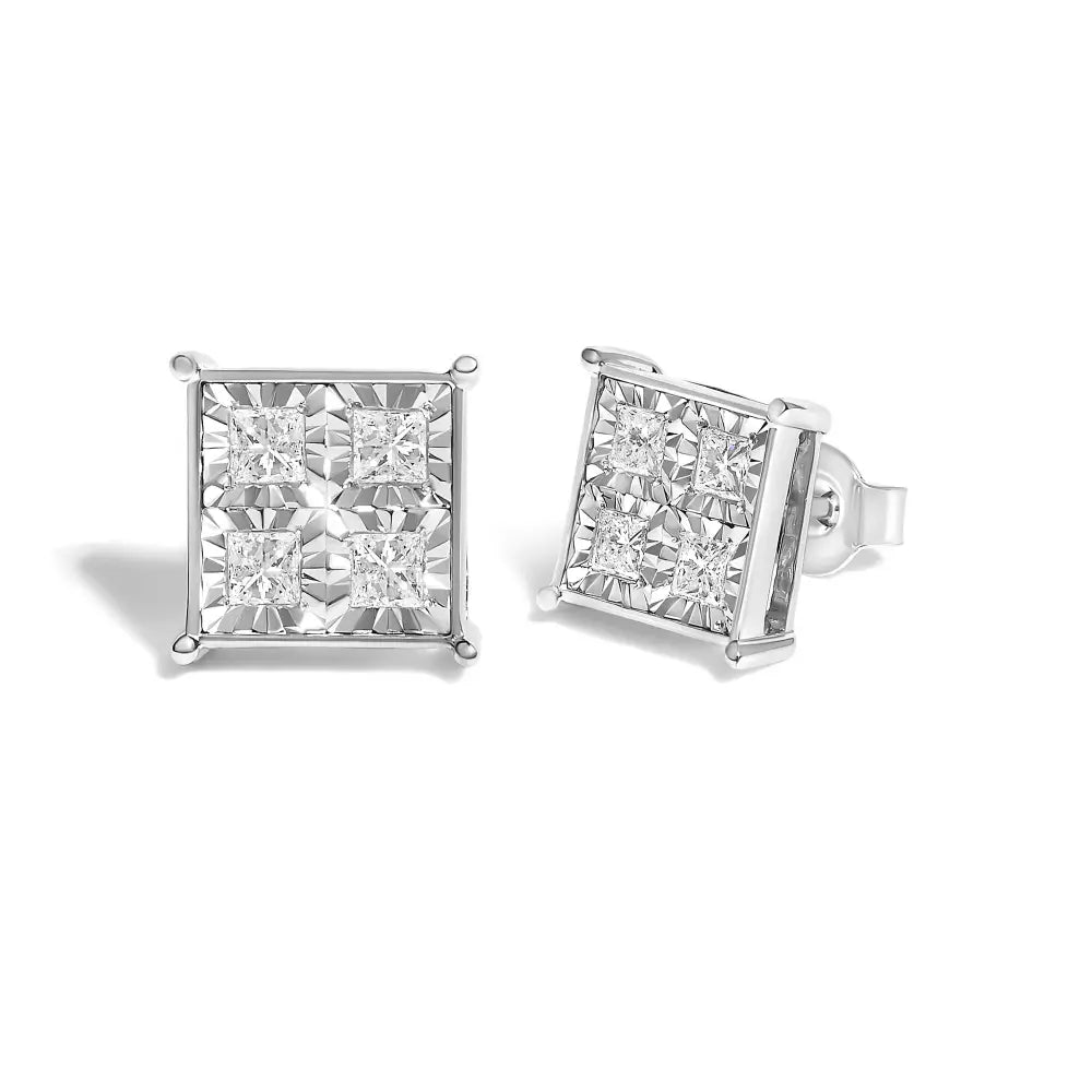 3/4 cttw princess cut diamond invisible stud earrings in 10k white gold bijoux-nyc direct