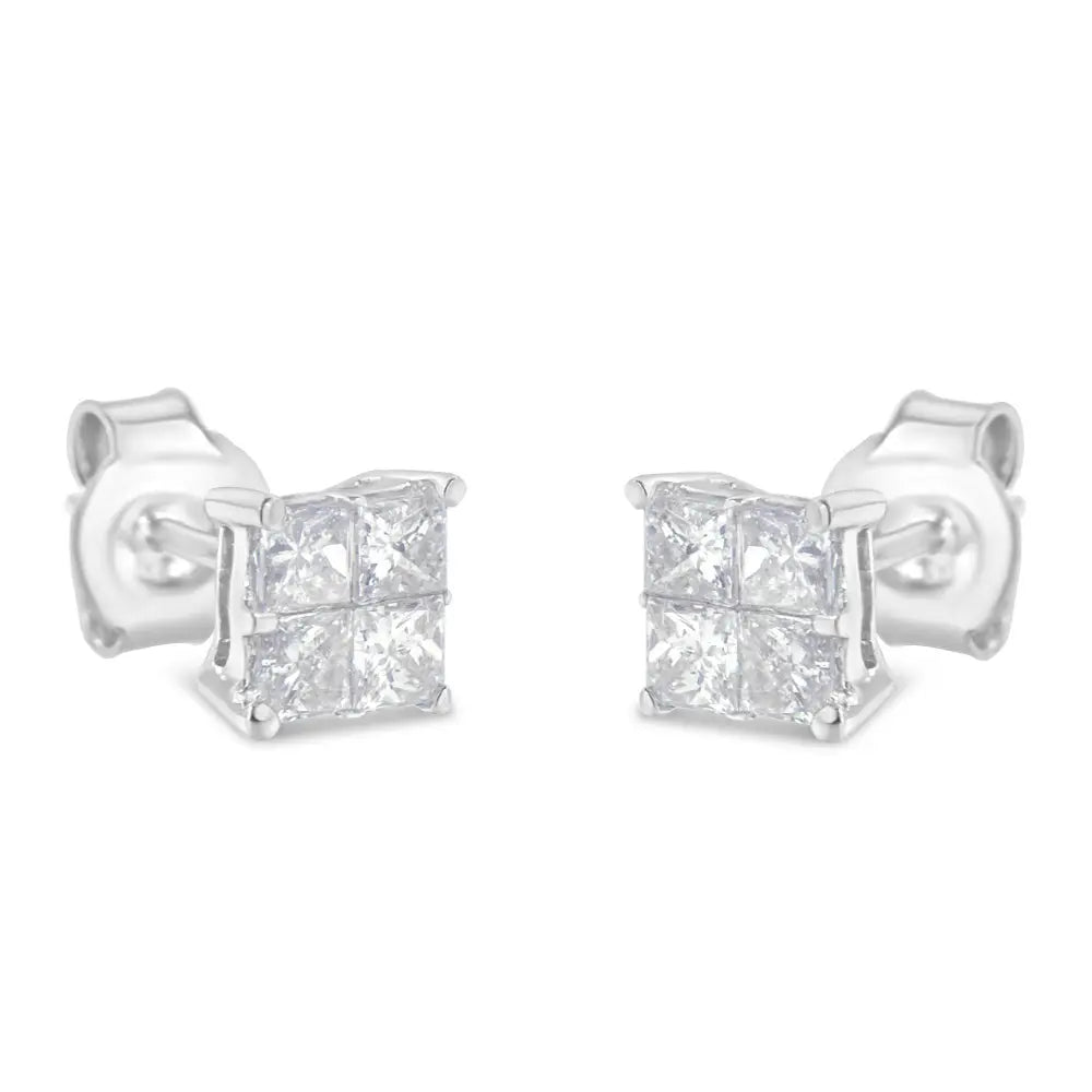3/4 cttw princess cut diamond invisible stud earrings in 10k white gold bijoux-nyc direct