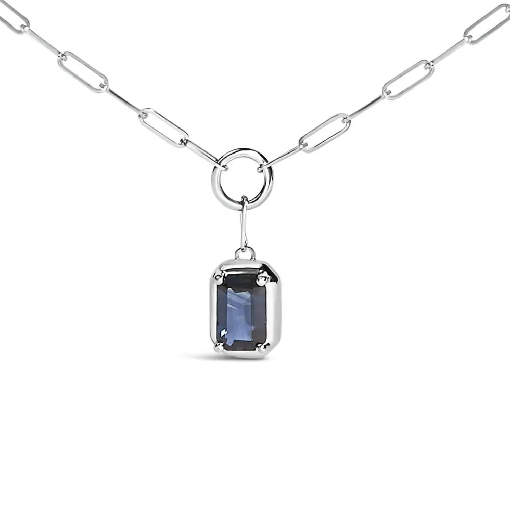 Emerald cut blue sapphire 10k white gold paperclip necklace 18 inch bijoux-nyc direct