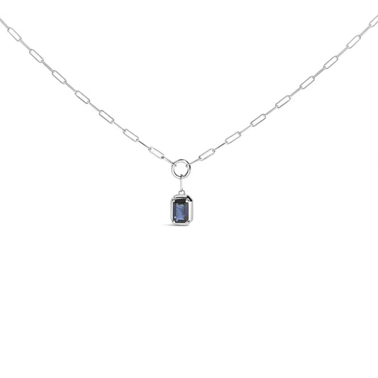 10K White Gold Emerald Cut 6x4 MM Blue Sapphire Solitaire Pendant Necklace - 18 inch - Bijoux-NYC Direct