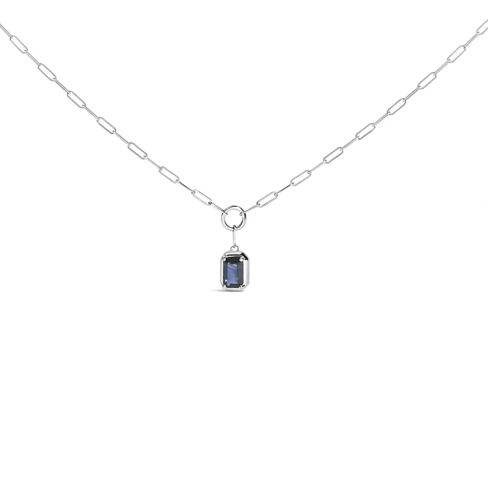 Emerald cut blue sapphire 10k white gold paperclip necklace 18 inch bijoux-nyc direct
