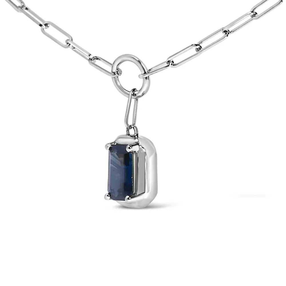 10K White Gold Emerald Cut 6x4 MM Blue Sapphire Solitaire Pendant Necklace - 18 inch - Bijoux-NYC Direct