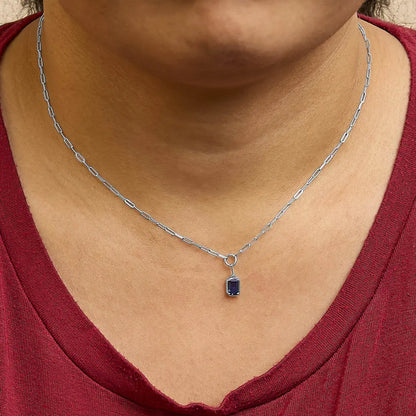 10K White Gold Emerald Cut 6x4 MM Blue Sapphire Solitaire Pendant Necklace - 18 inch - Bijoux-NYC Direct