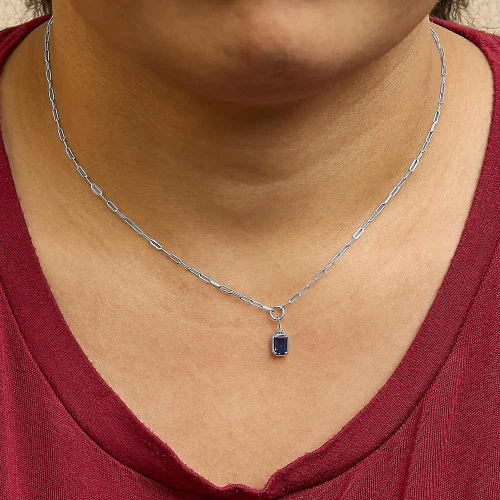 Emerald cut blue sapphire 10k white gold paperclip necklace 18 inch bijoux-nyc direct
