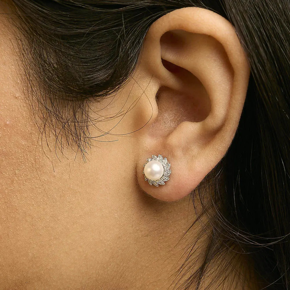 10K White Gold Heirloom-Style Pearl and Diamond Accent Halo Stud Earrings (I-J color, I1-I2 Clarity) - Bijoux-NYC Direct