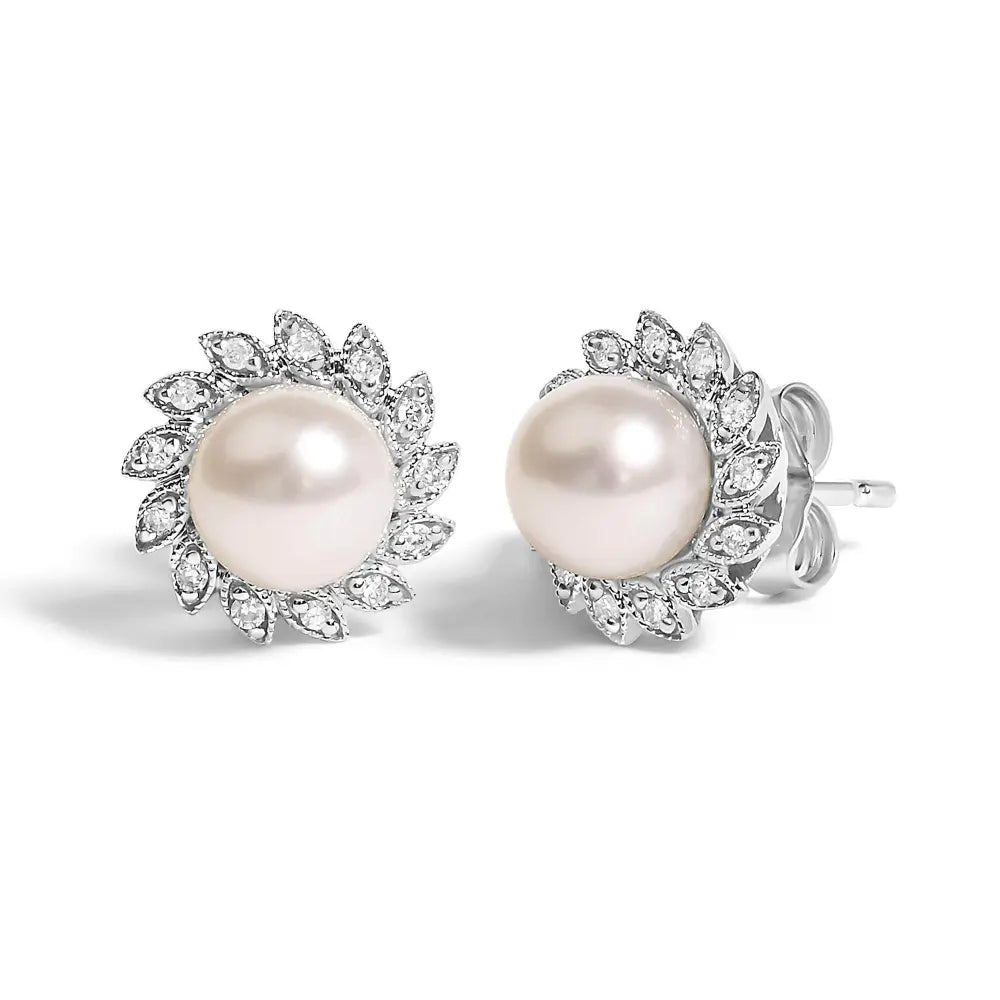 10K White Gold Heirloom-Style Pearl and Diamond Accent Halo Stud Earrings (I-J color, I1-I2 Clarity) - Bijoux-NYC Direct