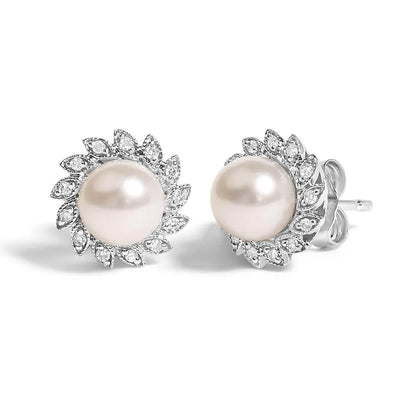 10K White Gold Heirloom-Style Pearl and Diamond Accent Halo Stud Earrings (I-J color, I1-I2 Clarity) - Bijoux-NYC Direct