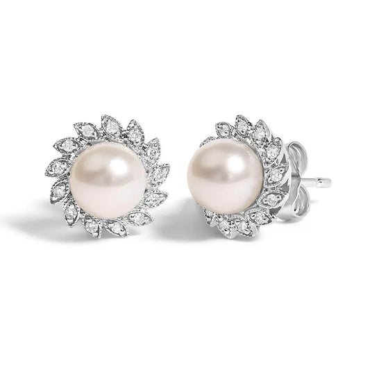 10K White Gold Heirloom-Style Pearl and Diamond Accent Halo Stud Earrings (I-J color, I1-I2 Clarity) - Bijoux-NYC Direct