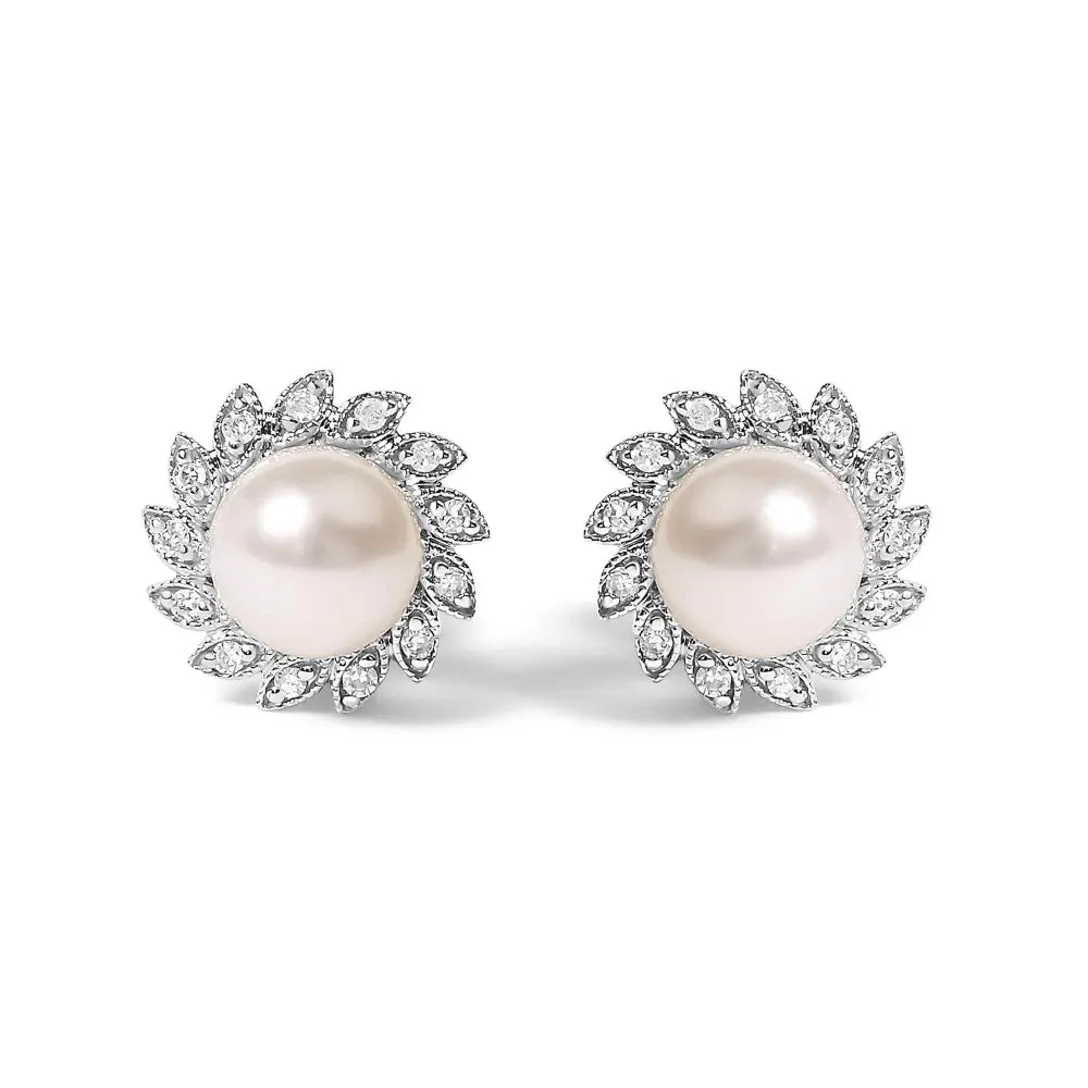 10K White Gold Heirloom-Style Pearl and Diamond Accent Halo Stud Earrings (I-J color, I1-I2 Clarity) - Bijoux-NYC Direct