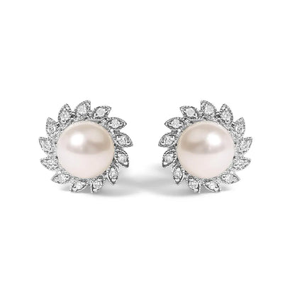 10K White Gold Heirloom-Style Pearl and Diamond Accent Halo Stud Earrings (I-J color, I1-I2 Clarity) - Bijoux-NYC Direct