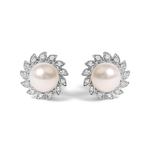 10K White Gold Heirloom-Style Pearl and Diamond Accent Halo Stud Earrings (I-J color, I1-I2 Clarity) - Bijoux-NYC Direct