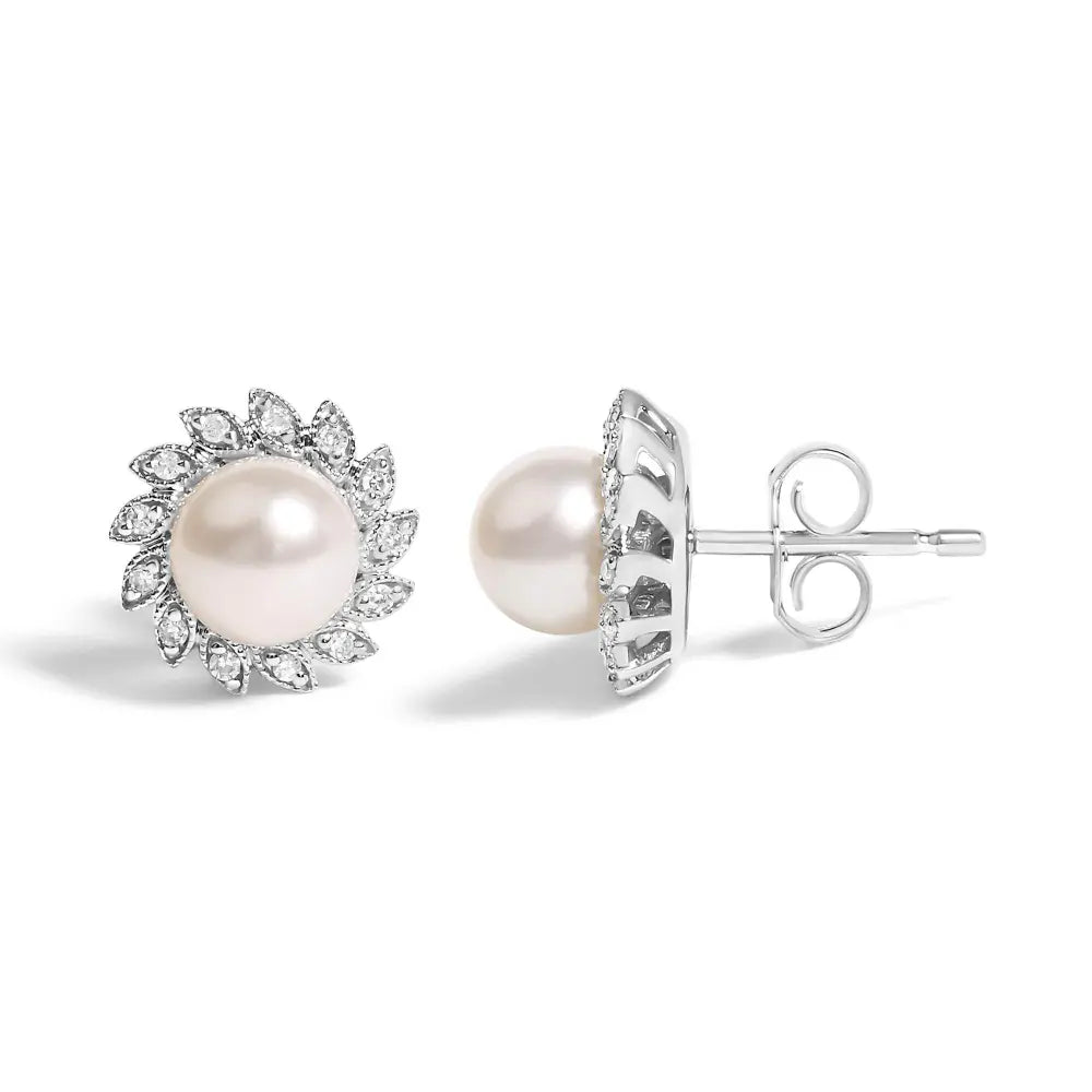 10K White Gold Heirloom-Style Pearl and Diamond Accent Halo Stud Earrings (I-J color, I1-I2 Clarity) - Bijoux-NYC Direct