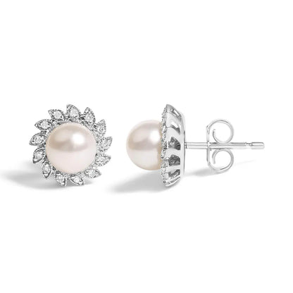 10K White Gold Heirloom-Style Pearl and Diamond Accent Halo Stud Earrings (I-J color, I1-I2 Clarity) - Bijoux-NYC Direct