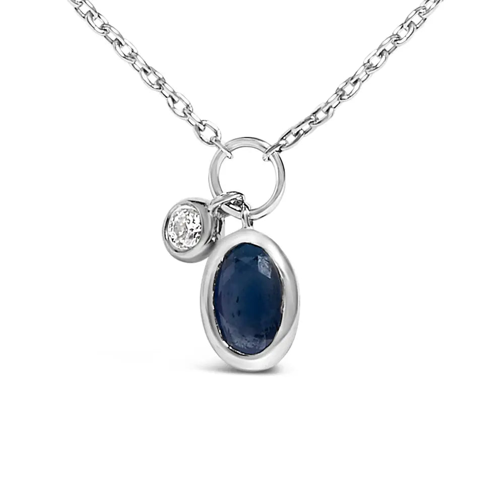 10k white gold oval blue sapphire and diamond double charm necklace 18 bijoux-nyc direct