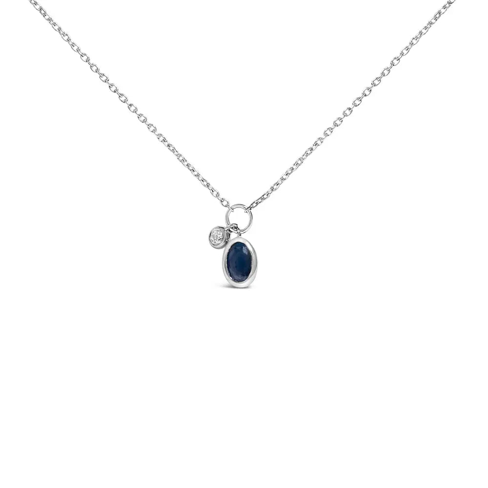 10k white gold oval blue sapphire and diamond double charm necklace 18 bijoux-nyc direct