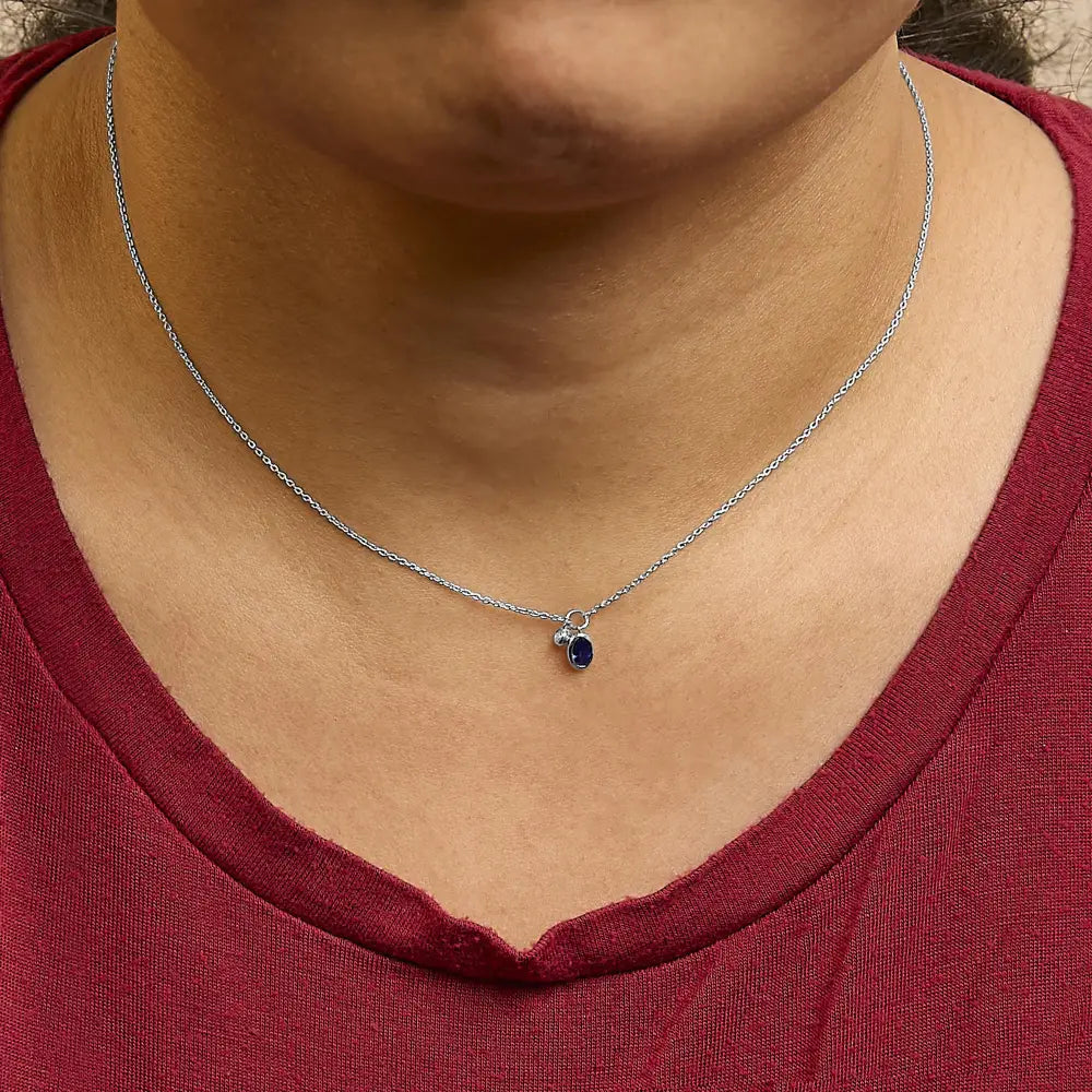 10k white gold oval blue sapphire and diamond double charm necklace 18 bijoux-nyc direct