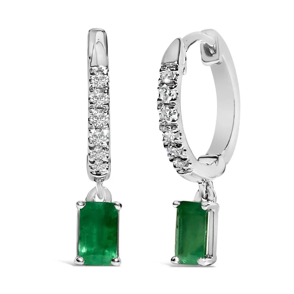 10K White Gold Oval Green Emerald and 1/8 Cttw Diamond Drop Earrings (I-J Color, I1-I2 Clarity) - Bijoux-NYC Direct