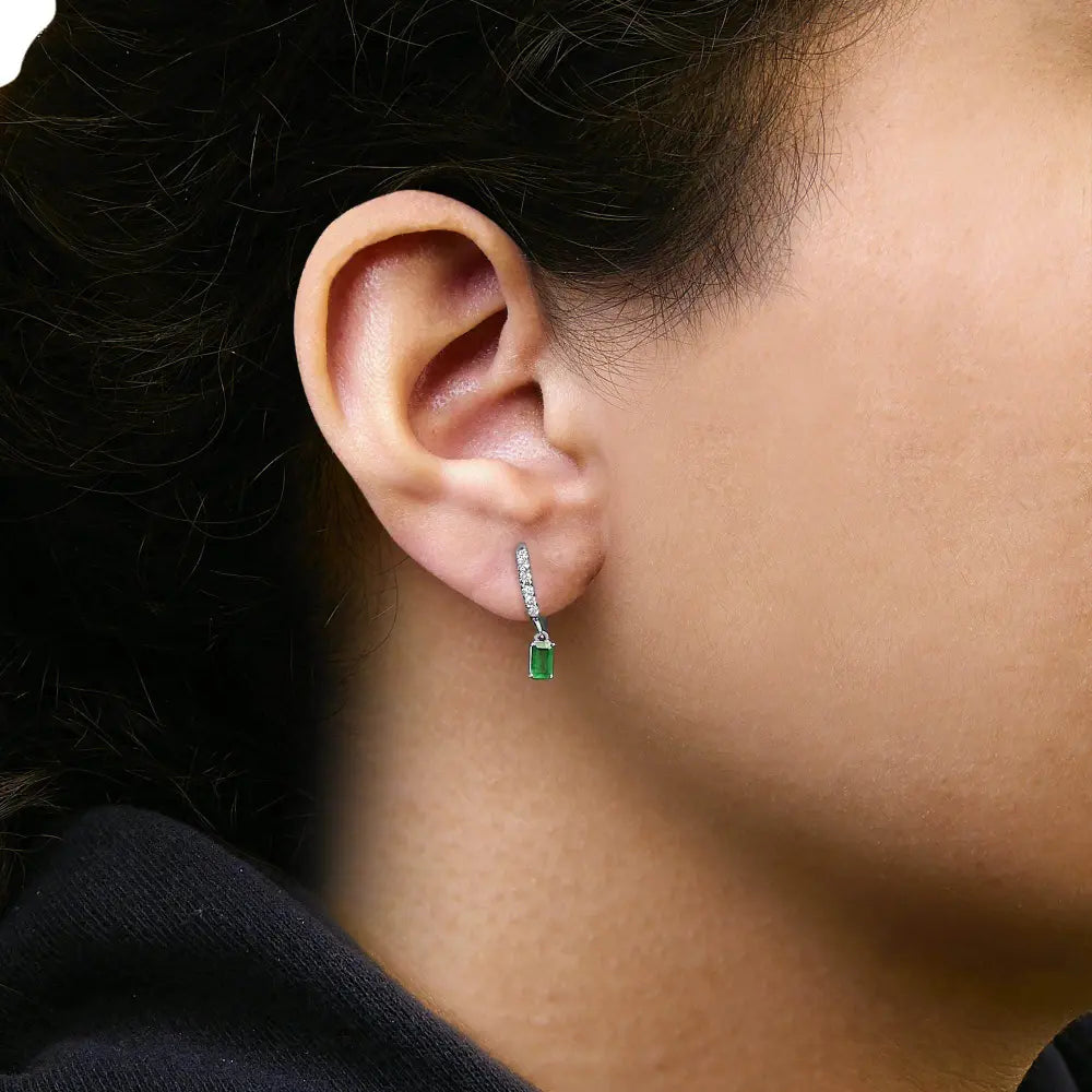 10K White Gold Oval Green Emerald and 1/8 Cttw Diamond Drop Earrings (I-J Color, I1-I2 Clarity) - Bijoux-NYC Direct