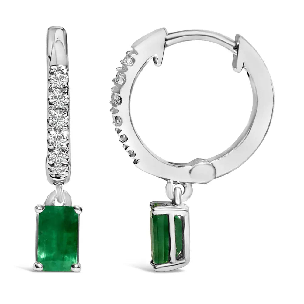 10K White Gold Oval Green Emerald and 1/8 Cttw Diamond Drop Earrings (I-J Color, I1-I2 Clarity) - Bijoux-NYC Direct