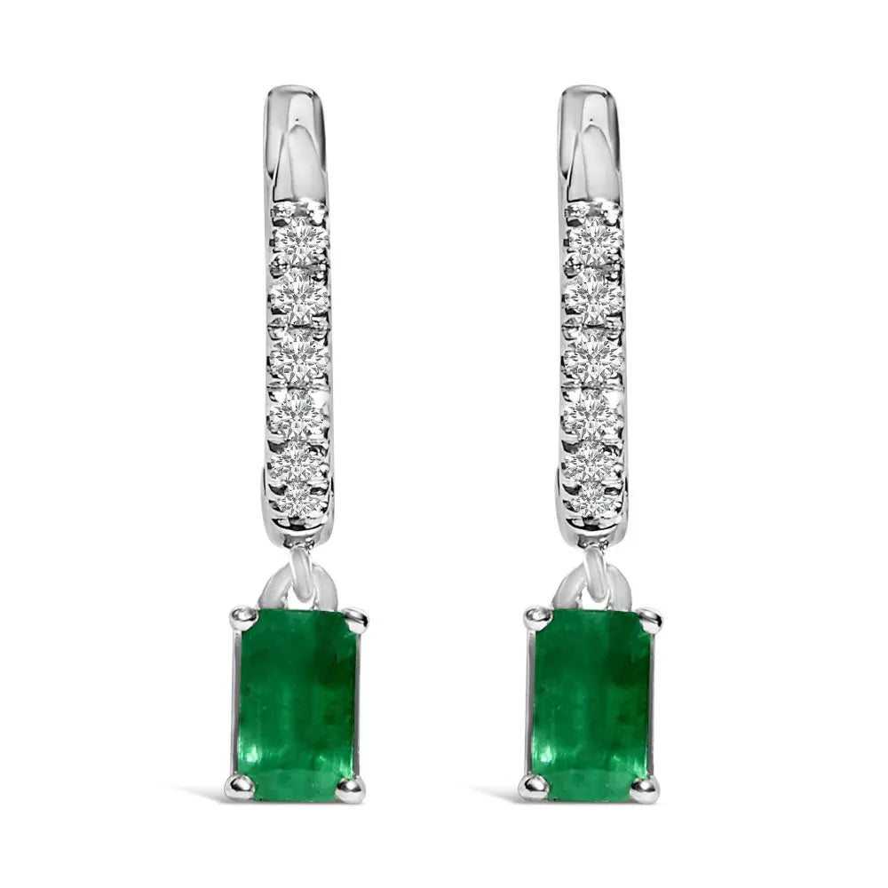 10K White Gold Oval Green Emerald and 1/8 Cttw Diamond Drop Earrings (I-J Color, I1-I2 Clarity) - Bijoux-NYC Direct