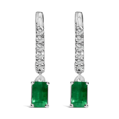 10K White Gold Oval Green Emerald and 1/8 Cttw Diamond Drop Earrings (I-J Color, I1-I2 Clarity) - Bijoux-NYC Direct