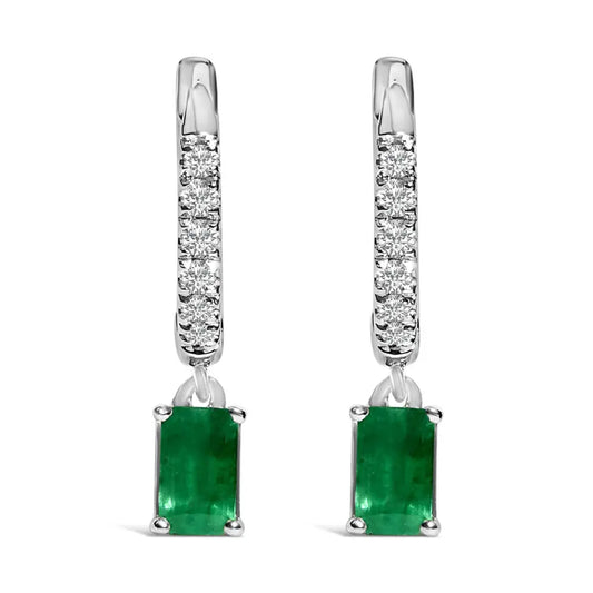 10K White Gold Oval Green Emerald and 1/8 Cttw Diamond Drop Earrings (I-J Color, I1-I2 Clarity) - Bijoux-NYC Direct