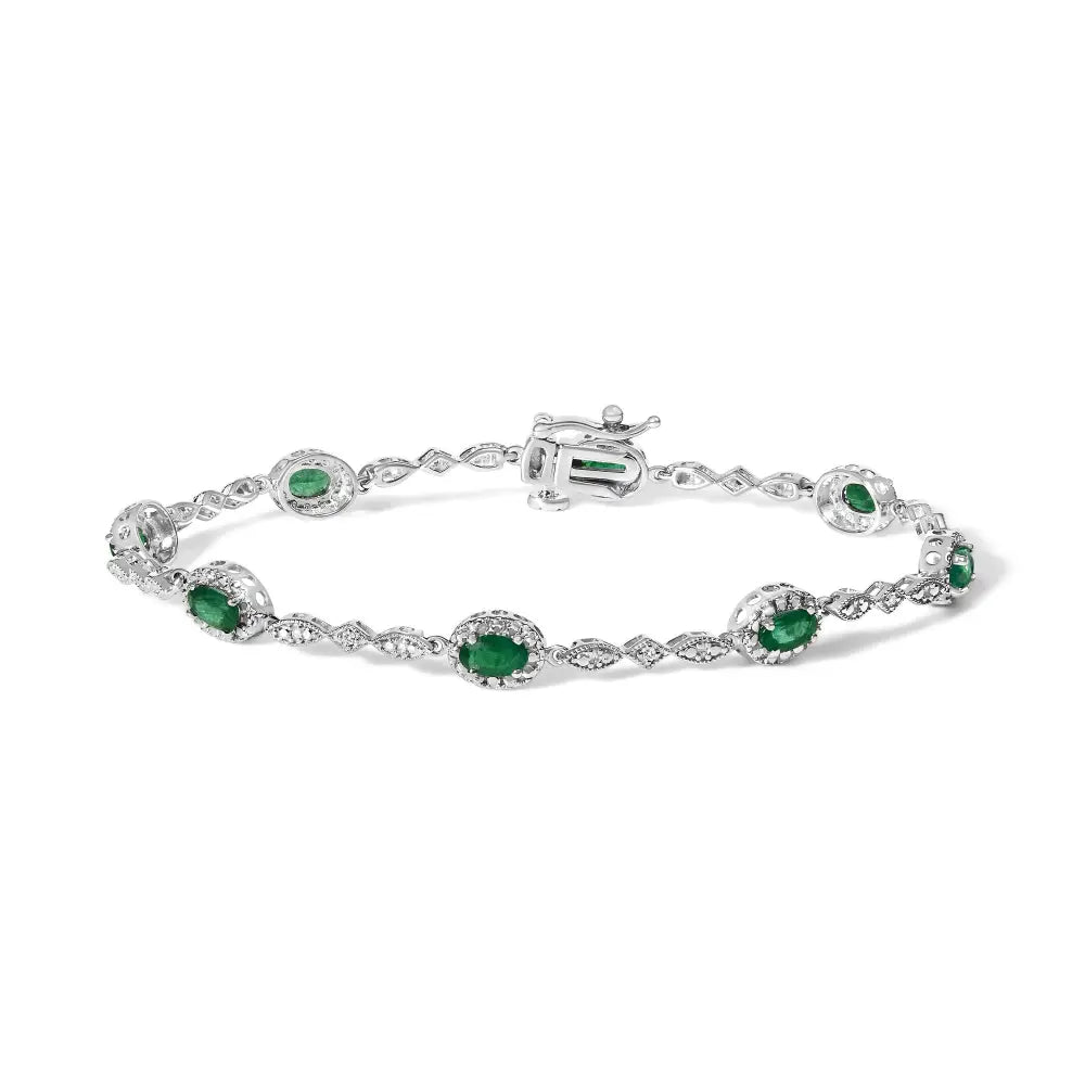 10k white gold oval emerald and diamond alternating link bracelet bijoux-nyc direct