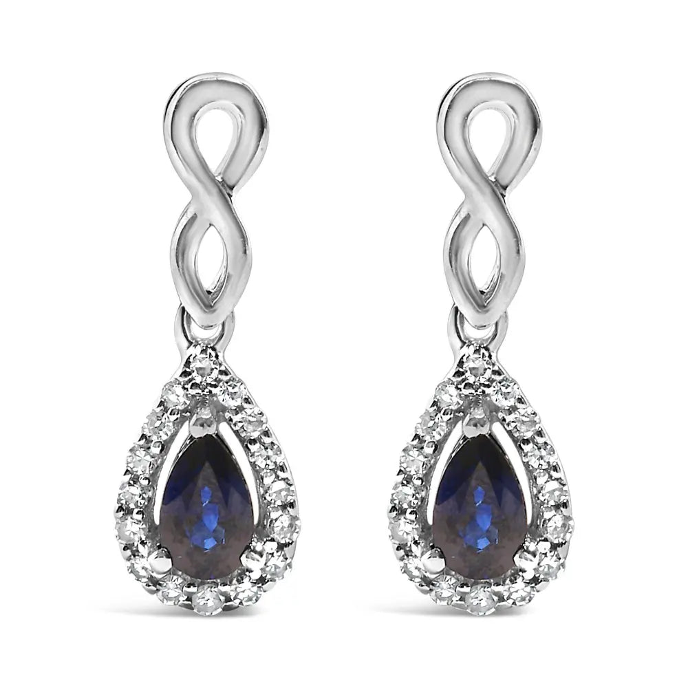 10K White Gold Pear Cut Blue Sapphire and 1/7 Cttw Diamond Infinity Drop and Dangle Earrings (I-J Color, I1-I2 Clarity) - Bijoux-NYC Direct