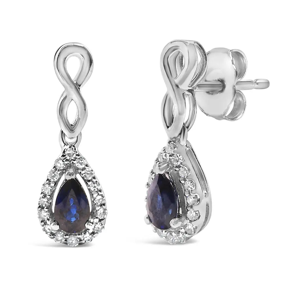 10K White Gold Pear Cut Blue Sapphire and 1/7 Cttw Diamond Infinity Drop and Dangle Earrings (I-J Color, I1-I2 Clarity) - Bijoux-NYC Direct