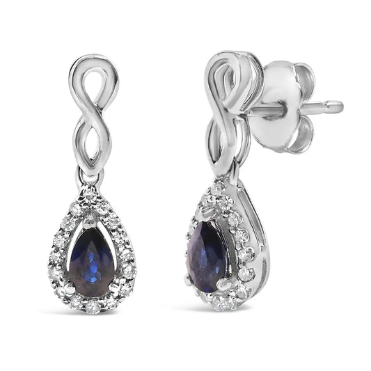 10K White Gold Pear Cut Blue Sapphire and 1/7 Cttw Diamond Infinity Drop and Dangle Earrings (I-J Color, I1-I2 Clarity) - Bijoux-NYC Direct