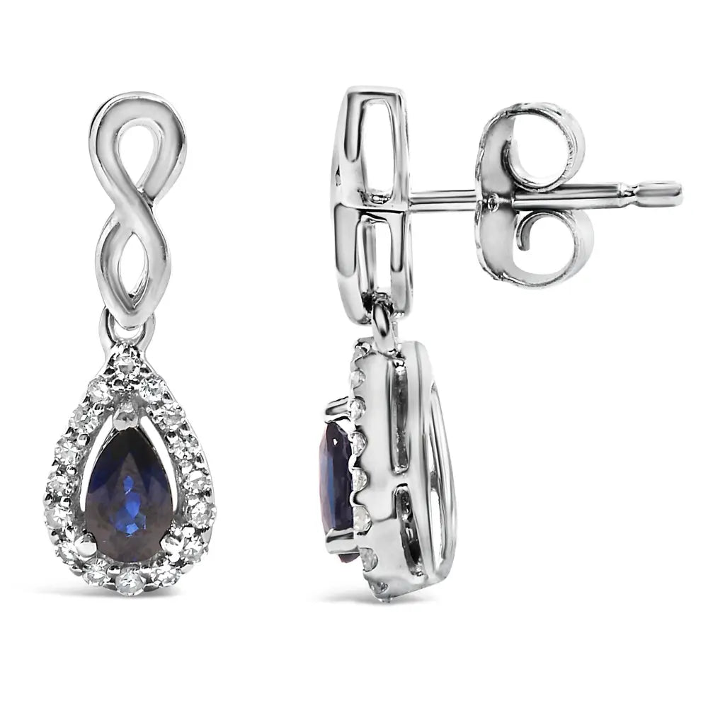 Blue sapphire and 1/7 cttw diamond infinity drop earrings in 10k white gold bijoux-nyc direct
