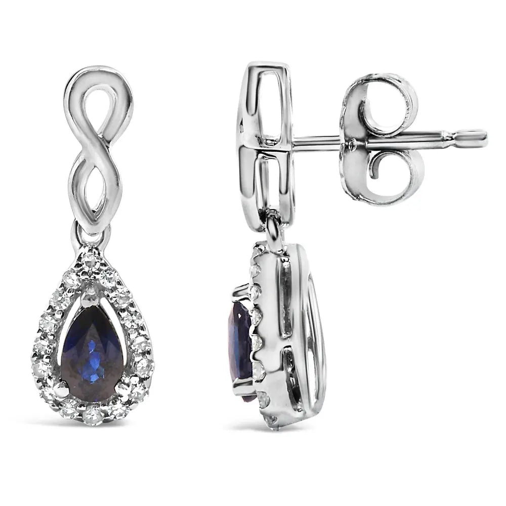 10K White Gold Pear Cut Blue Sapphire and 1/7 Cttw Diamond Infinity Drop and Dangle Earrings (I-J Color, I1-I2 Clarity) - Bijoux-NYC Direct