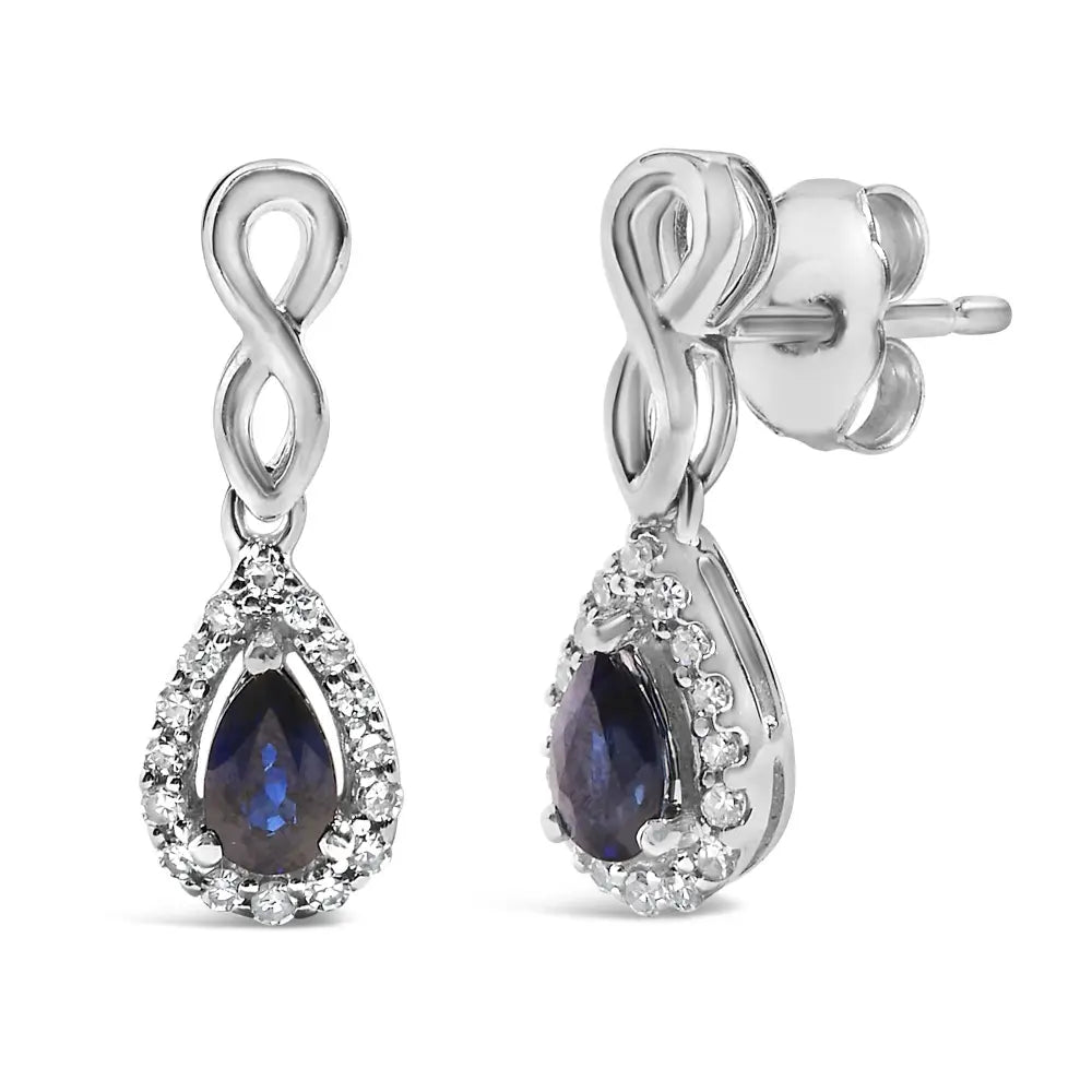 Blue sapphire and 1/7 cttw diamond infinity drop earrings in 10k white gold bijoux-nyc direct