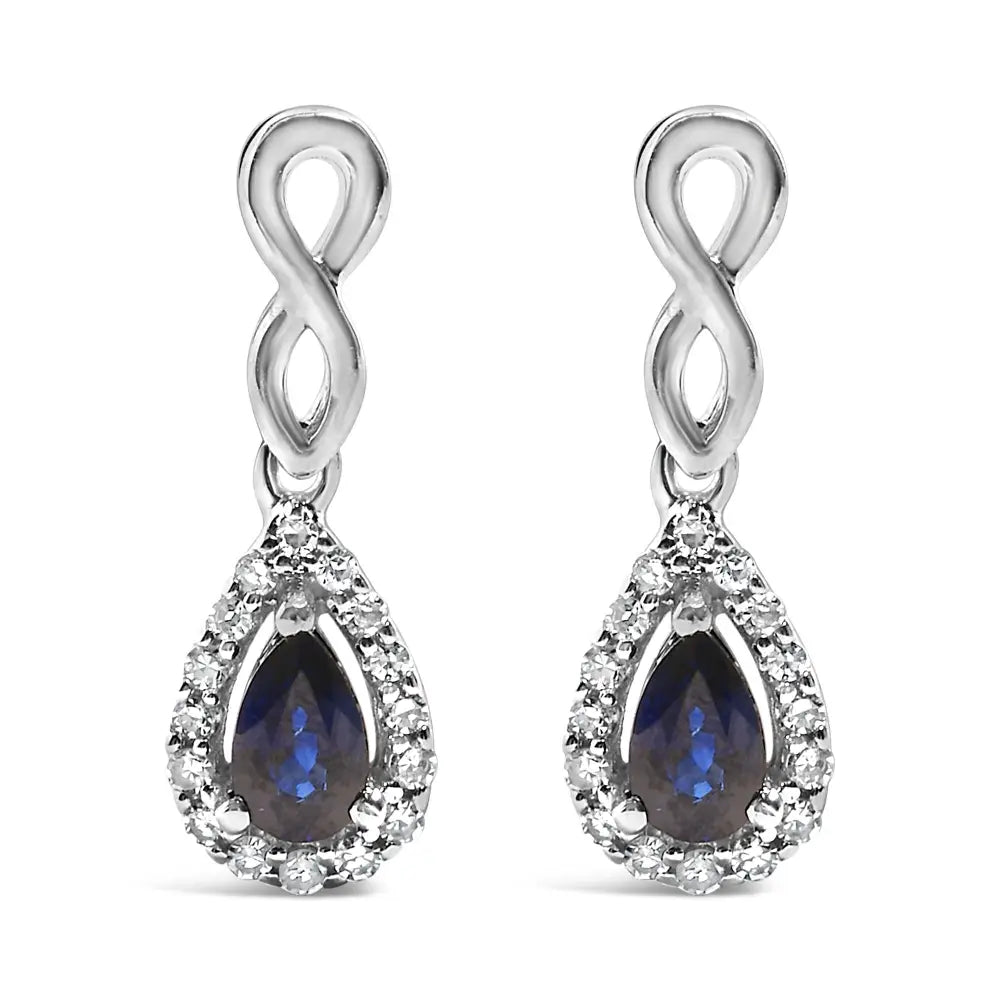 Blue sapphire and 1/7 cttw diamond infinity drop earrings in 10k white gold bijoux-nyc direct