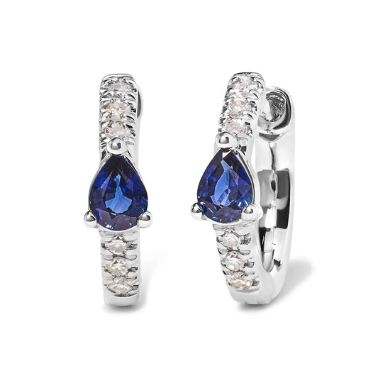 10K White Gold Pear Shaped Blue Sapphire and 1/10 Cttw Diamond Huggy Hoop Earrings (H-I Color, I1-I2 Clarity) - Bijoux-NYC Direct