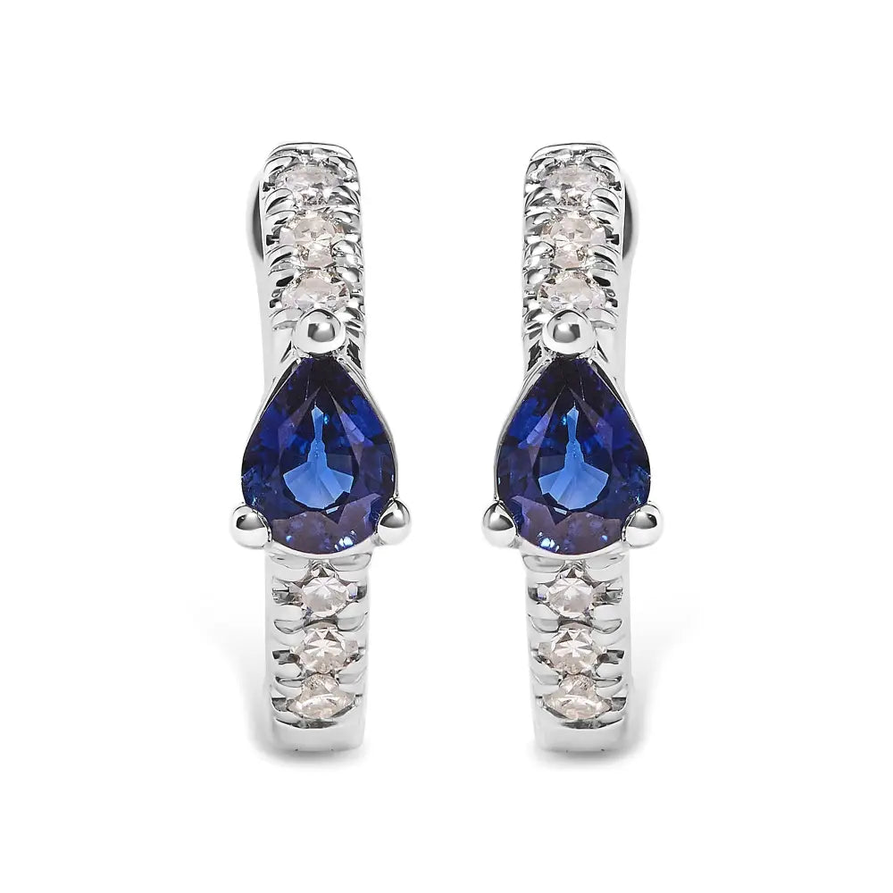 10k white gold pear blue sapphire and 1/10 cttw diamond huggy earrings bijoux-nyc direct