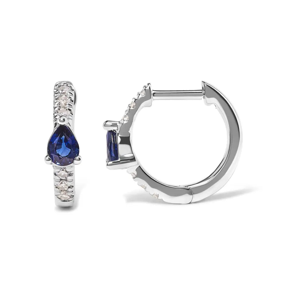 10k white gold pear blue sapphire and 1/10 cttw diamond huggy earrings bijoux-nyc direct