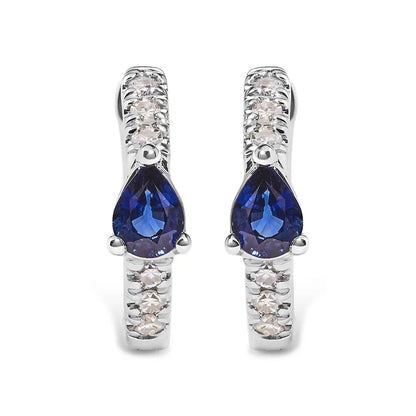 10K White Gold Pear Shaped Blue Sapphire and 1/10 Cttw Diamond Huggy Hoop Earrings (H-I Color, I1-I2 Clarity) - Bijoux-NYC Direct