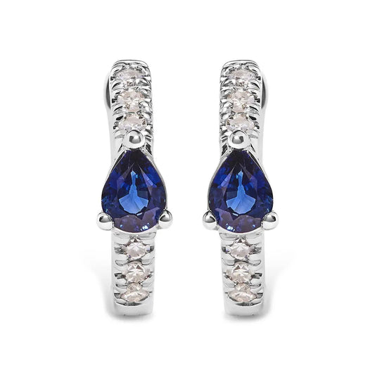 10K White Gold Pear Shaped Blue Sapphire and 1/10 Cttw Diamond Huggy Hoop Earrings (H-I Color, I1-I2 Clarity) - Bijoux-NYC Direct