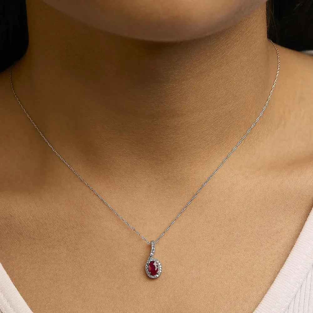 10K White Gold Red Ruby and Diamond Accent Teardrop Pendant Necklace - 18" Inches - Bijoux-NYC Direct