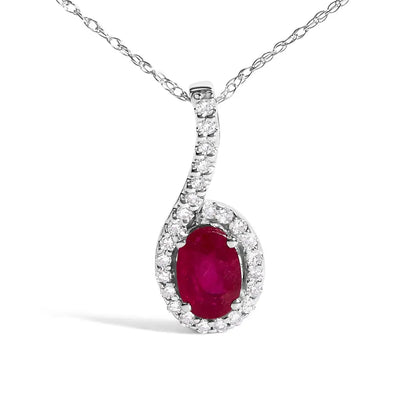 10K White Gold Red Ruby and Diamond Accent Teardrop Pendant Necklace - 18" Inches - Bijoux-NYC Direct