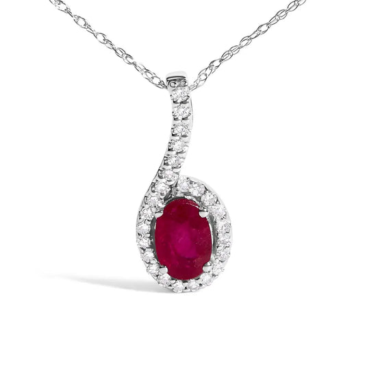 10K White Gold Red Ruby and Diamond Accent Teardrop Pendant Necklace - 18" Inches - Bijoux-NYC Direct