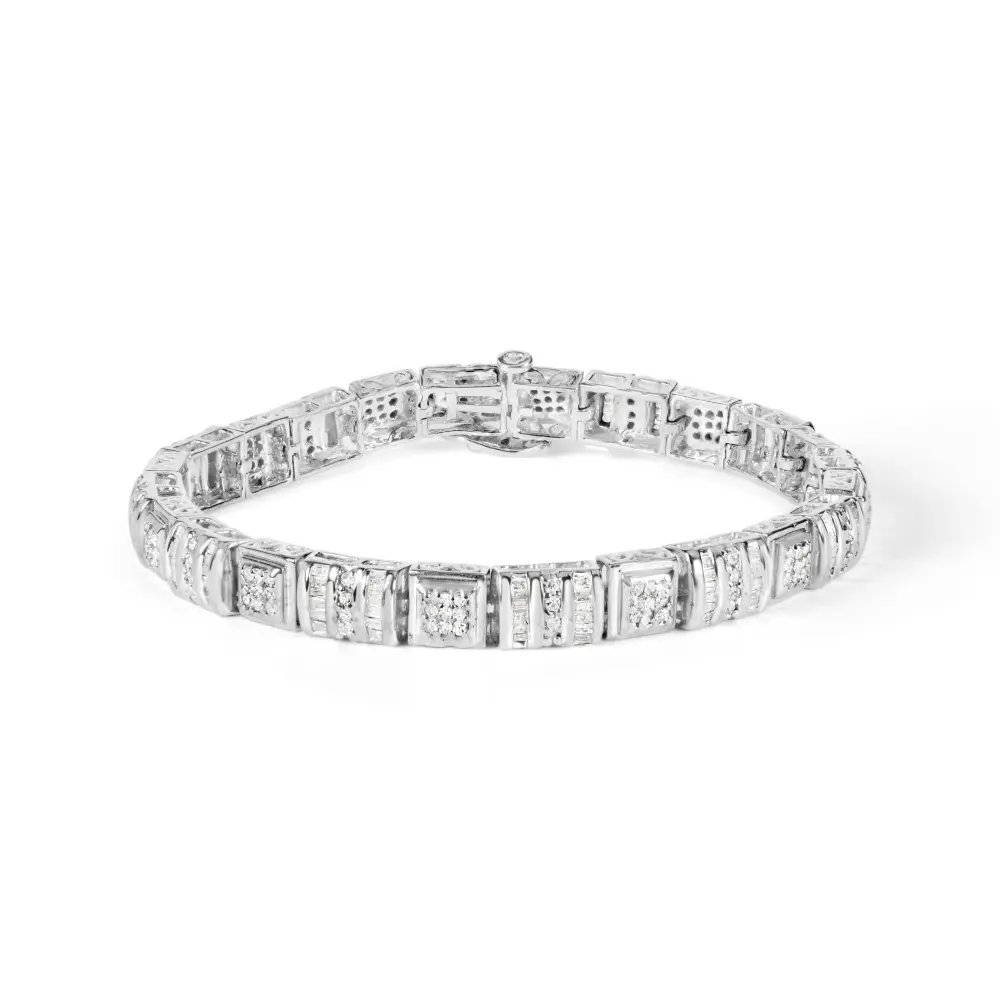 10K White Gold Round and Baguette Cut Diamond Bracelet (2.00 cttw, H-I Color, I2-I3 Clarity) - Bijoux-NYC Direct