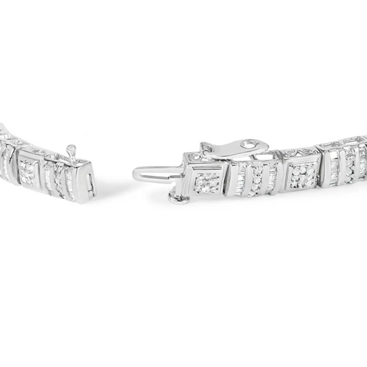 10K White Gold Round and Baguette Cut Diamond Bracelet (2.00 cttw, H-I Color, I2-I3 Clarity) - Bijoux-NYC Direct