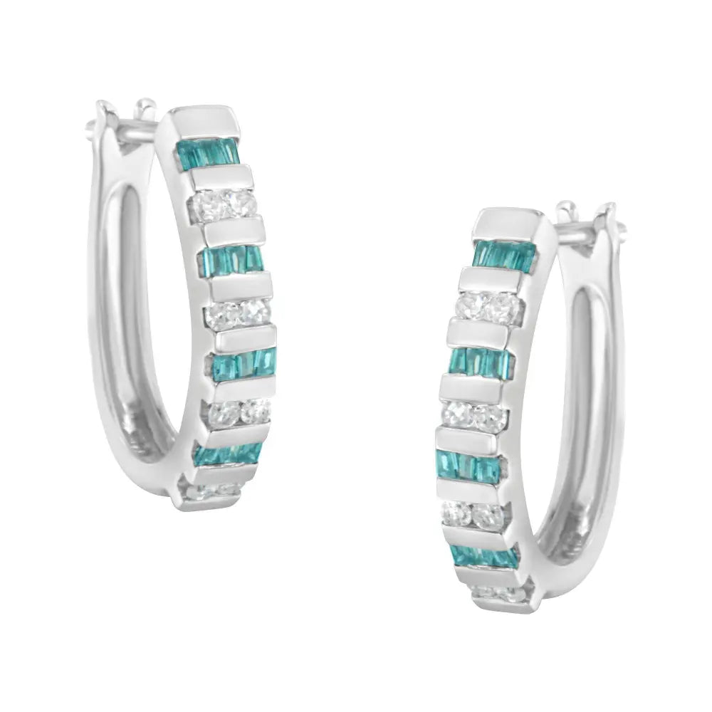 10k White Gold Round and Blue Baguette Diamond Hoop Earrings (0.50 cttw, I-J Color, I2-I3 Clarity) - Bijoux-NYC Direct