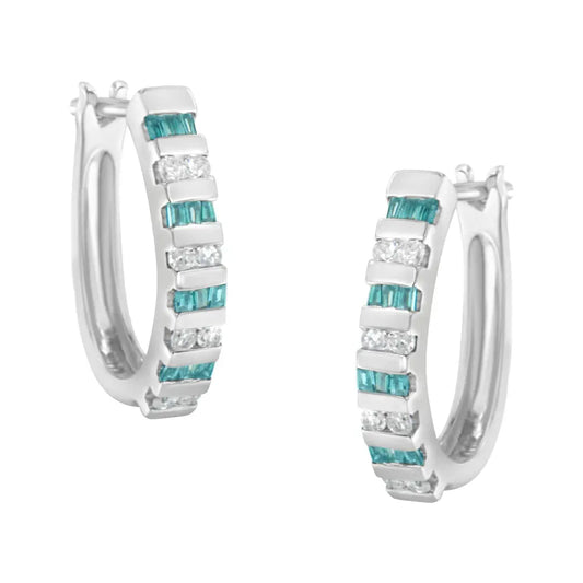10k White Gold Round and Blue Baguette Diamond Hoop Earrings (0.50 cttw, I-J Color, I2-I3 Clarity) - Bijoux-NYC Direct