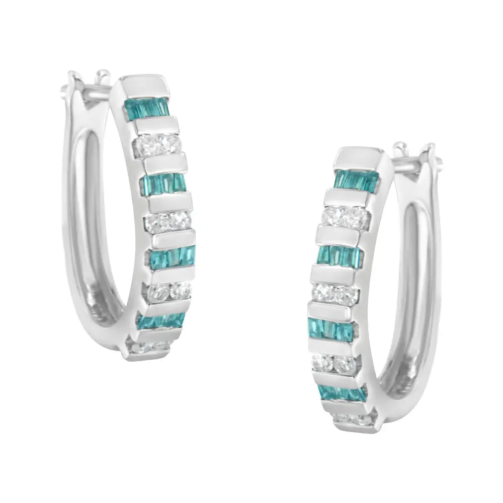 10k white gold round and blue baguette diamond hoop earrings 0.50 cttw bijoux-nyc direct